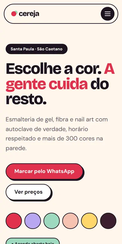 Topo do site-modelo Cereja Esmalteria, estilo Paleta de Esmaltes