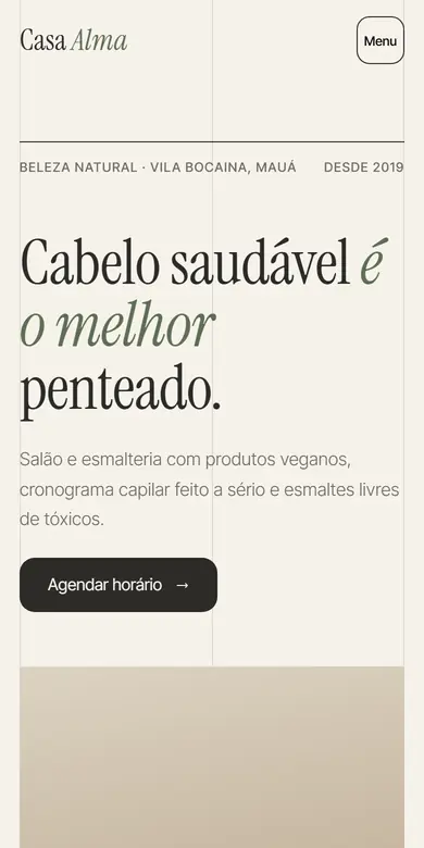 Topo do site-modelo Casa Alma, estilo Clean Beauty