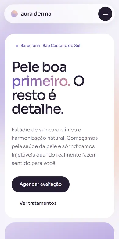 Topo do site-modelo Aura Derma Studio, estilo Soft Science