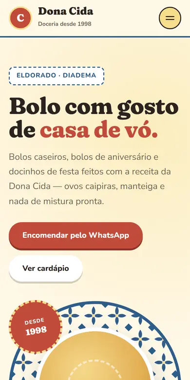 Topo do site-modelo Doceria Dona Cida, estilo Afetiva Retrô