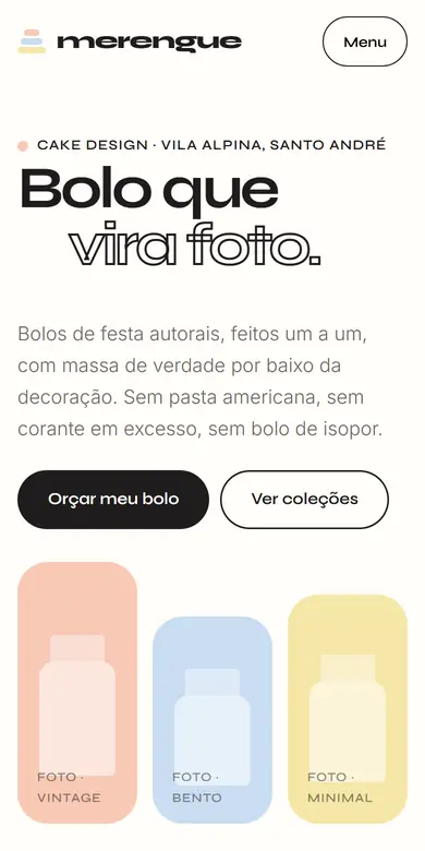 Topo do site-modelo Estúdio Merengue, estilo Cake Design